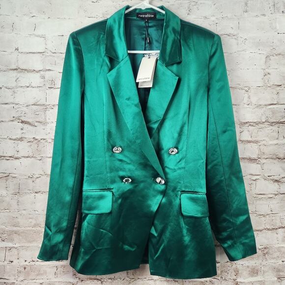 Retrofete Saige Double Breasted Blazer in Emerald Green Size Small NWT Satin - Picture 2 of 11